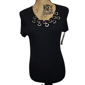 R.Q.T. Medium Black Embellished Silver Metal Rings Ribbed Sweater Girl Boss NWT